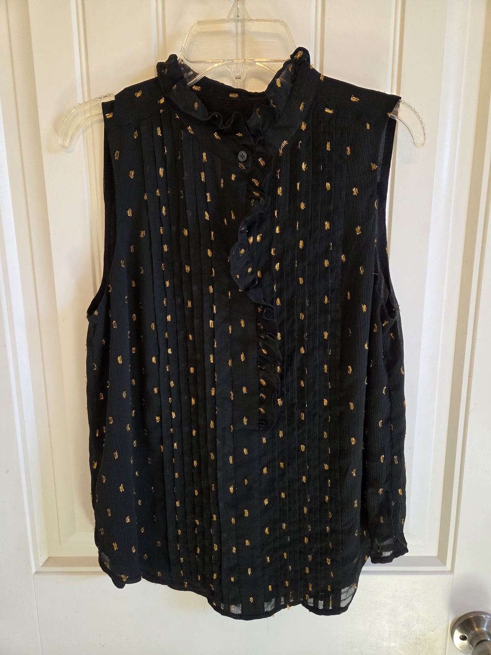Black And Gold Ruffle Neck Sleeveless Blouse By Ann Taylor